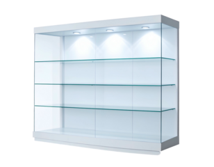 A modern, illuminated glass display cabinet, with multiple shelves for exhibiting objects