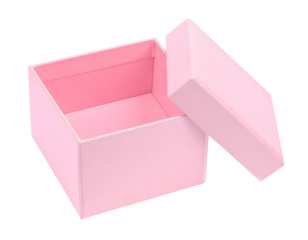 Open pink square box with lid slightly ajar, empty inside, against black background