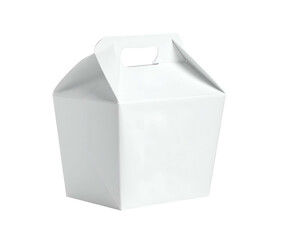 An isolated white, handled takeout box, square shape, with a handle, on a black background