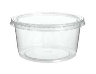 A transparent, round plastic container with a tightly fitting lid on a plain black background