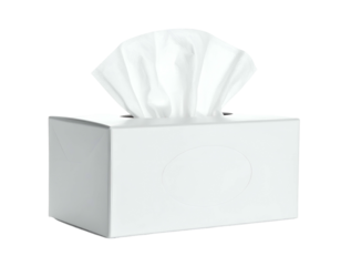 A box of white facial tissues, with a single tissue visibly pulled from the opening