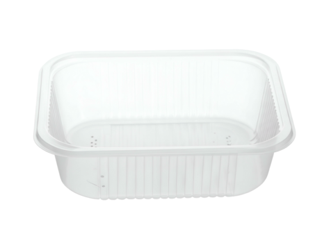 A transparent, rectangular plastic container with ridged sides and a rounded rim