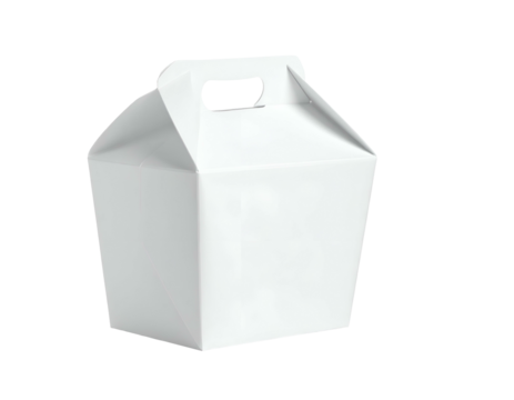 An isolated white, handled takeout box, square shape, with a handle, on a black background