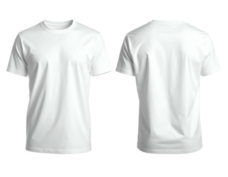 A blank, white t-shirt, displayed in front and back views, rendered against a transparent background