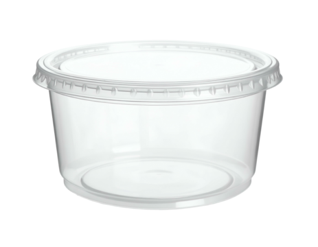 A transparent, round plastic container with a tightly fitting lid on a plain black background