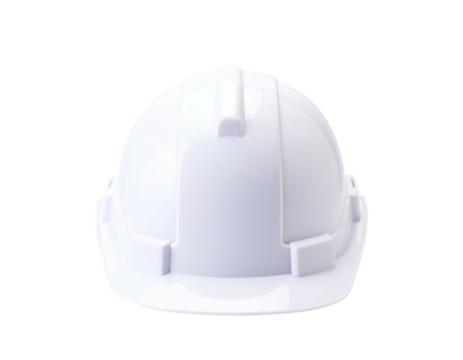 A front view of a white construction hard hat, centered against a black background
