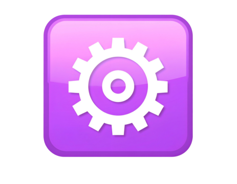A glossy, purple-toned square icon featuring a white cogwheel emblem in the center