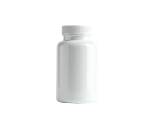 A simple, white, opaque pill bottle with a white screw-on lid. Set against a black background