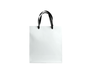 Plain white paper shopping bag with glossy black handles, isolated on a black background