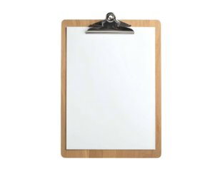 Wooden clipboard with a metal clip holding a blank white sheet of paper