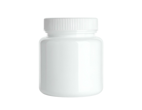 A white plastic supplement container with a screw-top lid on a black background