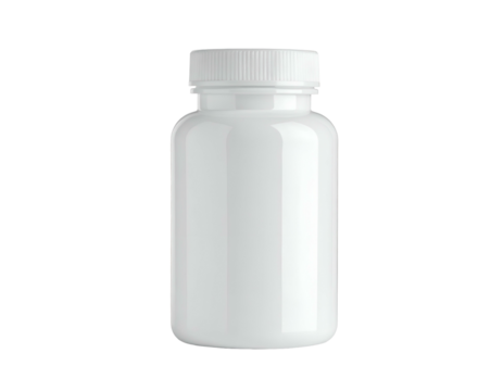 A 3D rendering of a white plastic pill bottle with a screw-on cap, on a black background