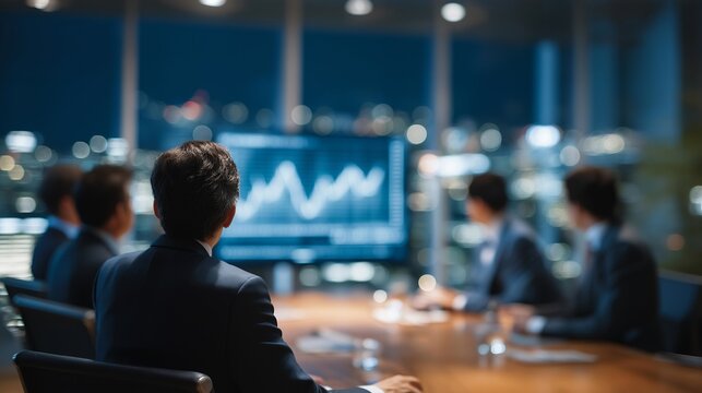 Corporate team in futuristic boardroom reviewing AI-powered predictive analytics on transparent screens, discussing financial strategy and investment opportunities, symbolizing data-driven
