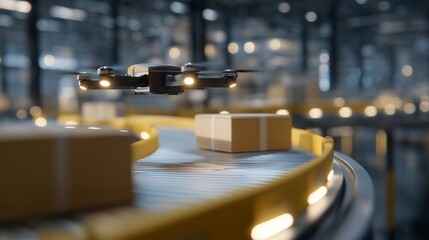 Futuristic fulfillment center with drones carrying parcels along illuminated pathways, emotion of speed and accuracy visible, representing automated warehousing, robotic material handling, and