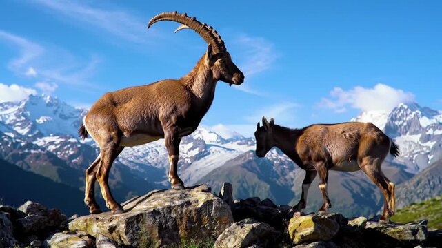 majestic ibex couple on rocky mountain peak