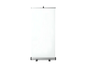 Vertical, white retractable banner on black background for promotional, advertising, or informative use