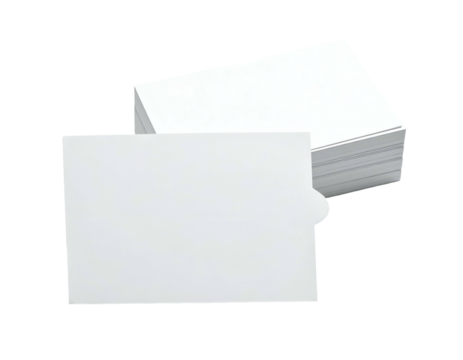 A stack of pristine white, rectangular cards and a single detached card set against black