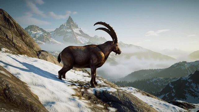 majestic ibex standing on snowy mountain slope