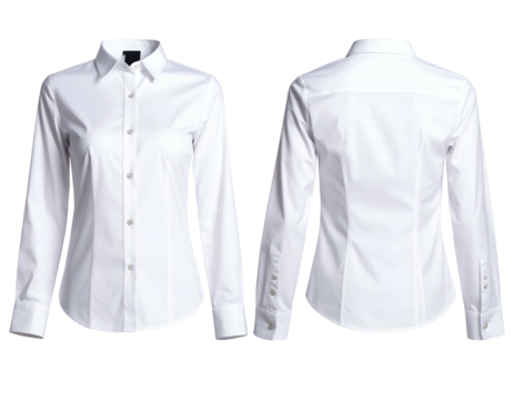 Front and back views of a fitted, crisp white long-sleeved button-down collared shirt