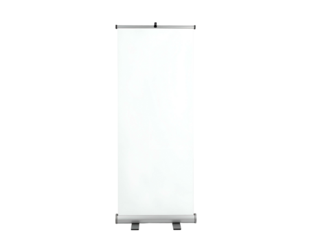 A vertical, rolling display stand with a white canvas, against a stark black backdrop - Powered by Adobe
