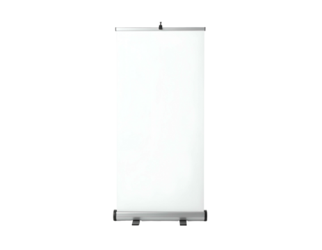 Vertical, white retractable banner on black background for promotional, advertising, or informative use