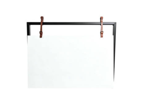 A blank white rectangular sign is suspended from a dark, rectangular frame, with leather straps