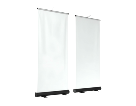 Two blank white vertical roll-up banners against a black background