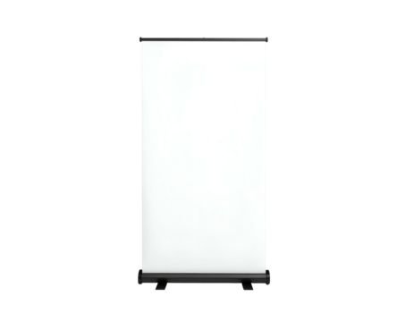 A plain, vertical roll-up display against a black background, ready for a presentation