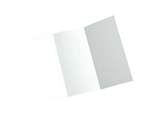 A white, unfolded tri-fold brochure lays at an angle on a black background