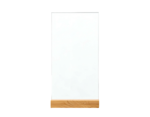 Rectangular display stand with transparent glass and a wooden base against a black background