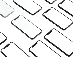 Angled arrangement of mobile phones with blank white screens on a solid black backdrop