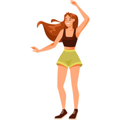 Joyful Young Woman With Long Flowing Brown Hair Dancing Energetically In Casual Green Shorts And A Dark Top With Arms Raised Up and Out Isolated On A White Background