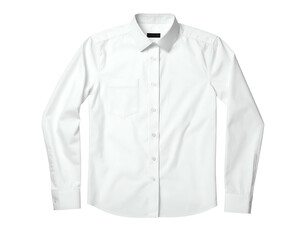 A plain white, long-sleeved button-up shirt, centered on a transparent background