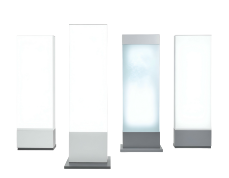 Four rectangular illuminated displays with white faces and silver-grey bases