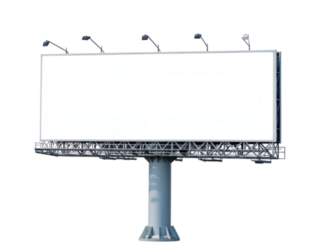 A large rectangular sign, supported by pillars, with lights atop, isolated against black