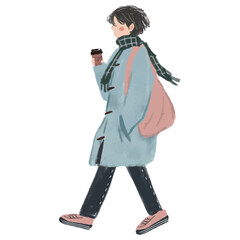 テイクアウトのコーヒーを片手に歩く冬服の女性