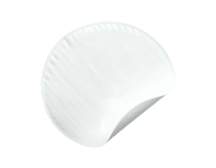 A white, circular sticker with a peeling edge, isolated on a black background