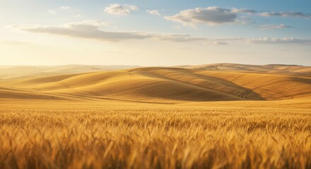 Obraz premium Serene golden wheat fields with rolling hills and a picturesque sky