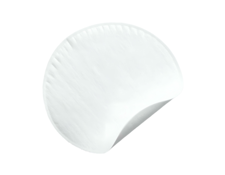 A white, circular sticker with a peeling edge, isolated on a black background
