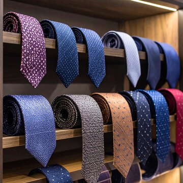 primer plano de mueble expositor con m&uacute;ltiples corbatas elegantes. Moda y tienda masculina