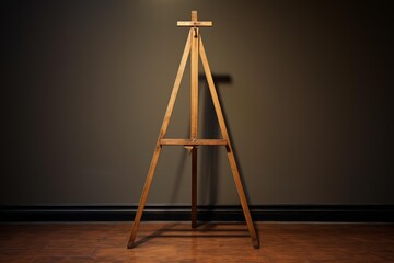 Wooden easel standing on hardwood floor in a dimly lit empty room, casting a shadow on the wall