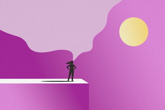 Woman standing on cliff edge facing sun in purple conceptual illustration