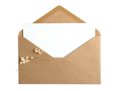 An open paper envelope holds a blank white card, with small dried floral stem detail