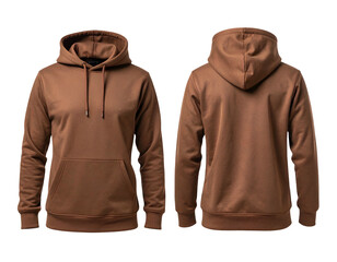 Brown hoodie front and back views with a drawstring hood and a kangaroo pocket on front