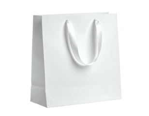 A white, rectangular paper shopping bag with satin ribbon handles, isolated on a black background