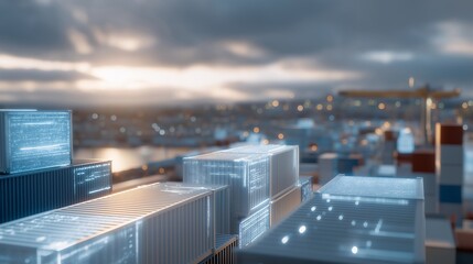 Cargo port using smart shipping containers with holographic data overlays, emotion of progress and control visible, symbolizing digital transformation in freight management, AI logistics