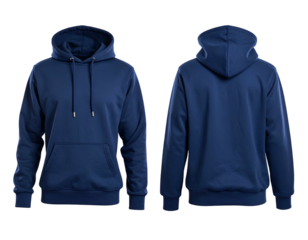 Front and back views of a solid, navy blue hoodie with a hood and front pocket, isolated