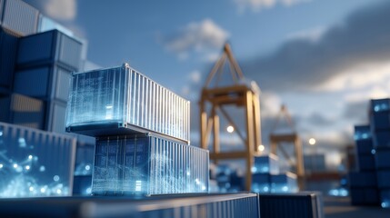 Cargo port using smart shipping containers with holographic data overlays, emotion of progress and control visible, symbolizing digital transformation in freight management, AI logistics