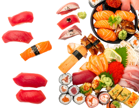An array of Japanese cuisine featuring sushi, sashimi, and rolls