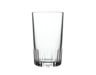 A clear, tall, empty glass, suitable for beverages, standing centered against a black backdrop